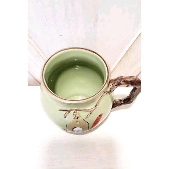 MWW Market Wren Bird Nest Eggs Green Feather Ceramic Mug Branch Handle - Picture 2 of 4